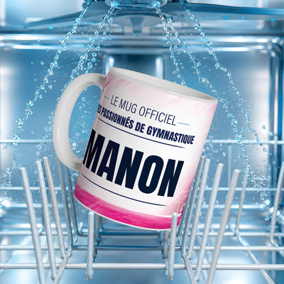 Mug gymnastique au prénom dans le panier d'un lave-vaisselle : impression compatible lave-vaisselle ; neuf textes au choix, dont vos propres phrases, livré chez vous (exemple)