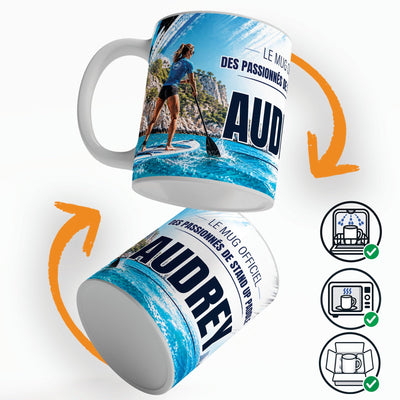 Mug stand up paddle femme vu sous deux angles, prénom et texte au choix ; compatible lave-vaisselle et micro-ondes, expédié calé dans une boîte en carton jusque chez vous (exemple)