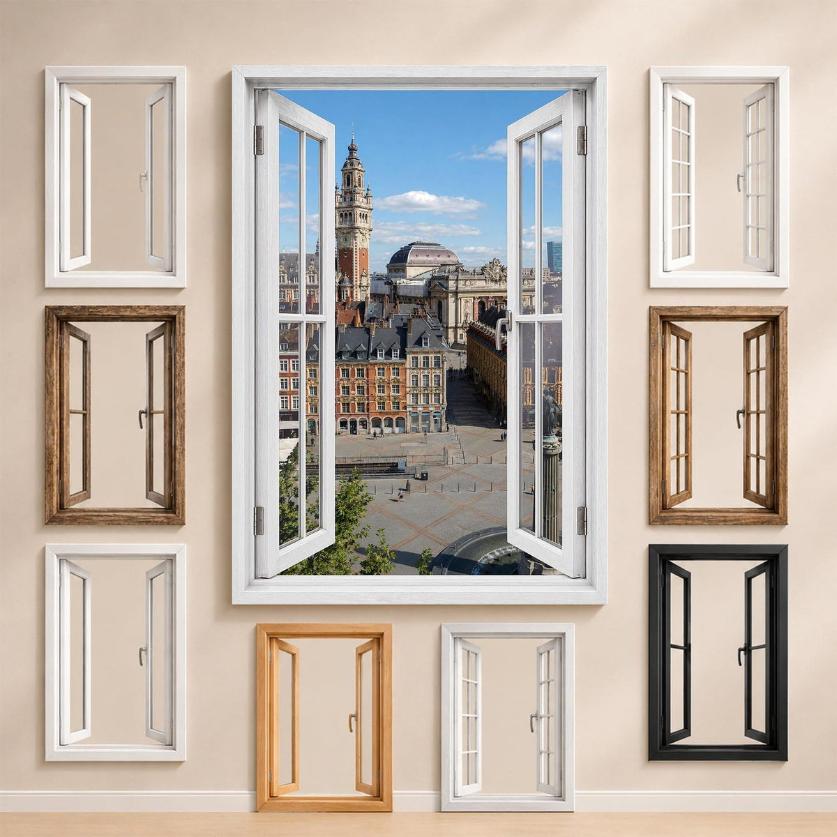 La vue sur Lille et les styles de fenêtre proposés pour l'encadrer : bois, PVC blanc, alu noir ou sans fenêtre, imprimée sur toile ou plexiglas puis livrée (exemple)
