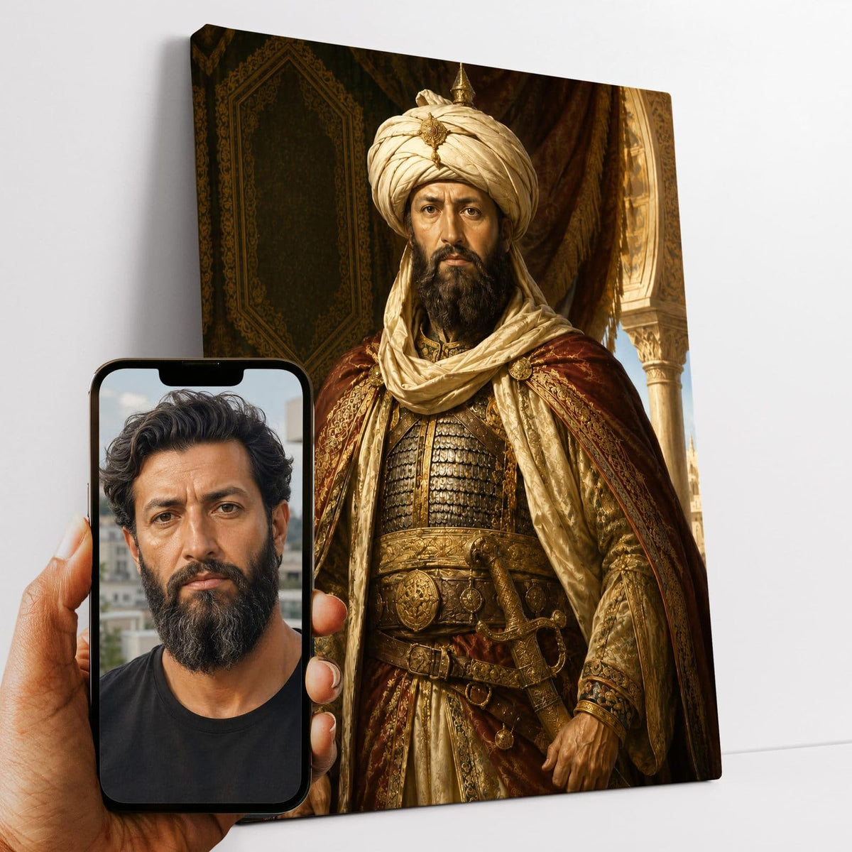 Portrait d'apparat d'après votre photo : votre visage en sultan, turban crème, cotte de mailles et manteau brodé, façon peinture classique, sur toile canvas, livré chez vous (exemple)