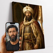 Portrait d'apparat d'après votre photo : votre visage en sultan, turban crème, cotte de mailles et manteau brodé, façon peinture classique, sur toile canvas, livré chez vous (exemple)
