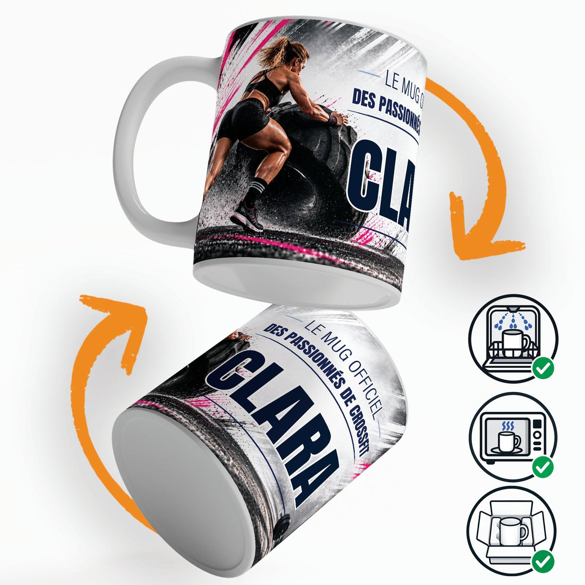 Mug façon CrossFit personnalisé qui tourne sur lui-même, avec trois pictogrammes : lave-vaisselle, micro-ondes et mug calé dans son emballage pour la livraison chez vous (exemple)
