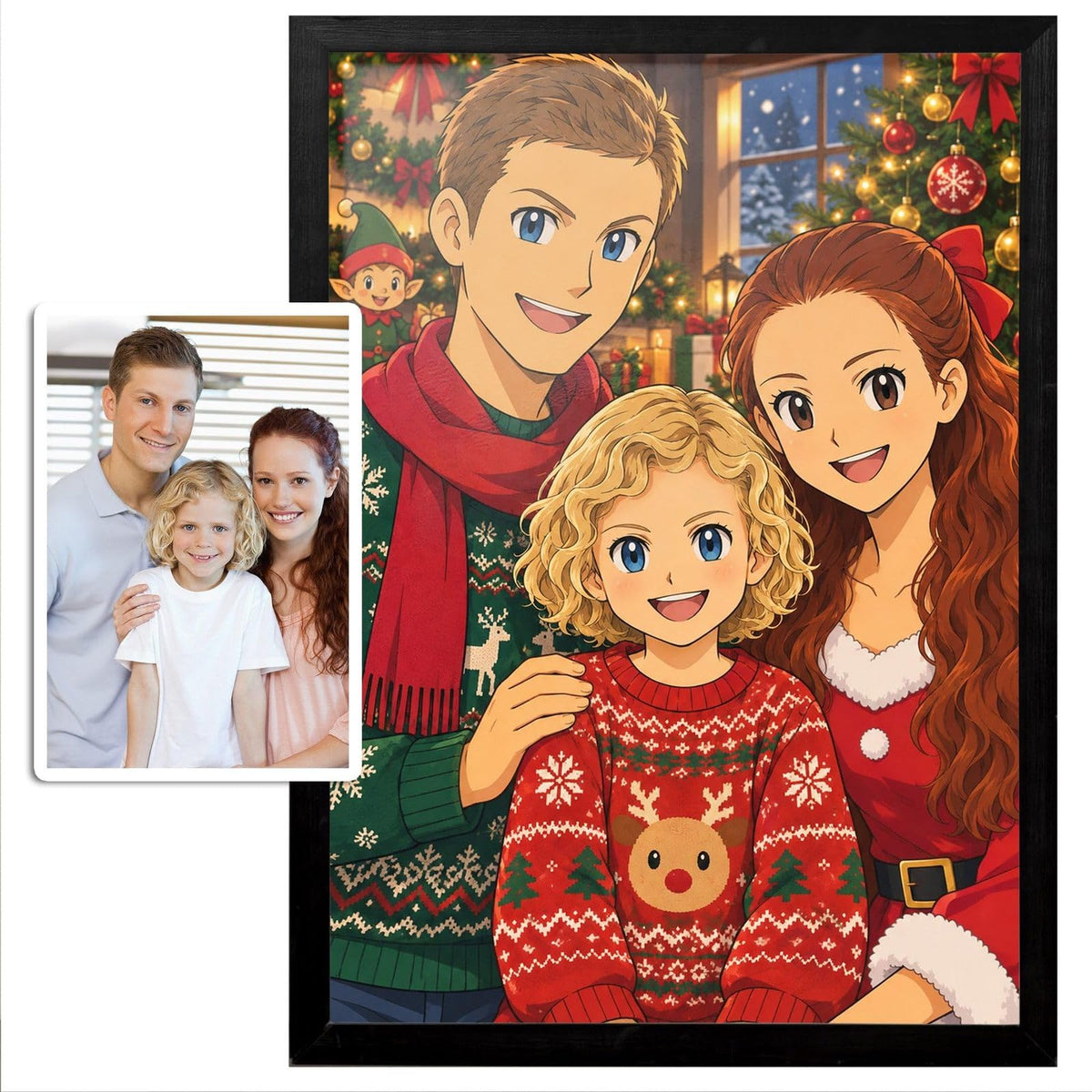 Avant et après : la photo d'origine en vignette puis sa version manga de Noël, pull à motifs, écharpe et sapin décoré, encadrée de noir à la verticale, livrée chez vous (exemple)