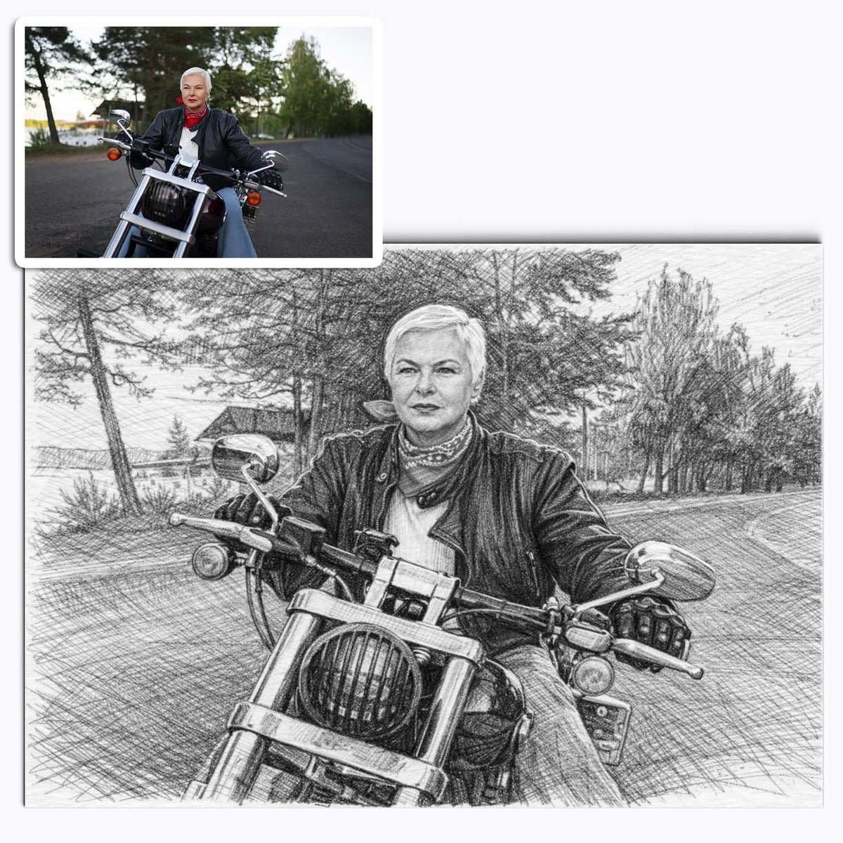 Votre photo transformée en portrait au crayon gris au format paysage, trait de mine nerveux et décor esquissé, imprimé en affiche (poster) et livré chez vous (exemple)