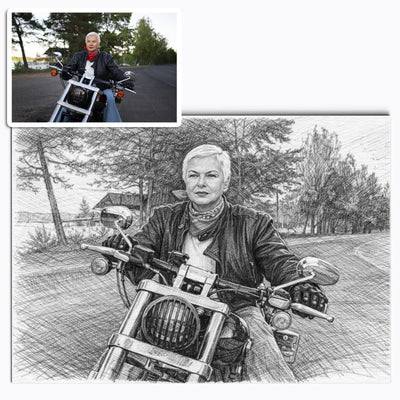 Votre photo transformée en portrait au crayon gris au format paysage, trait de mine nerveux et décor esquissé, imprimé en affiche (poster) et livré chez vous (exemple)