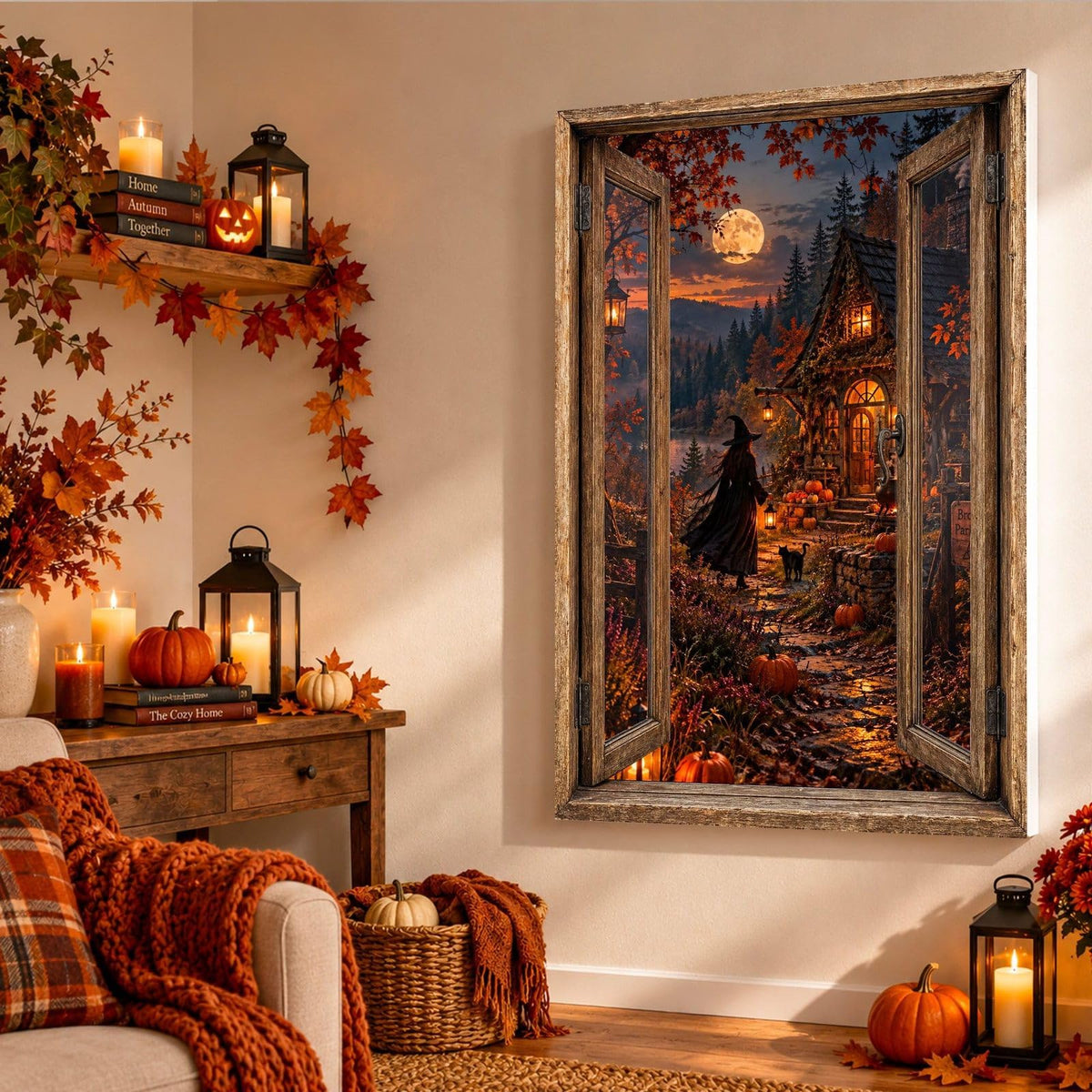 Dans un salon d'automne, le chemin semé de citrouilles mène à la cabane de la sorcière en trompe-l'œil, sur toile tendue, toile premium sur châssis de 4 cm ou plexiglas, décor livré (exemple)