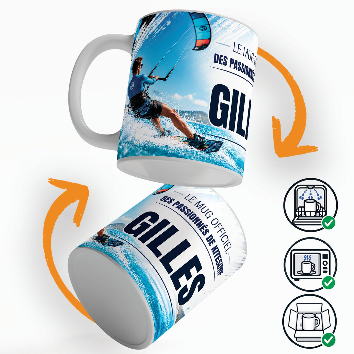 Mug kitesurf vu sous deux angles, prénom et texte au choix ; compatible lave-vaisselle et micro-ondes, expédié calé dans une boîte en carton jusque chez vous (exemple)