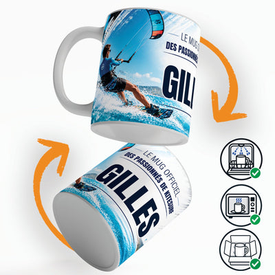 Mug kitesurf vu sous deux angles, prénom et texte au choix ; compatible lave-vaisselle et micro-ondes, expédié calé dans une boîte en carton jusque chez vous (exemple)