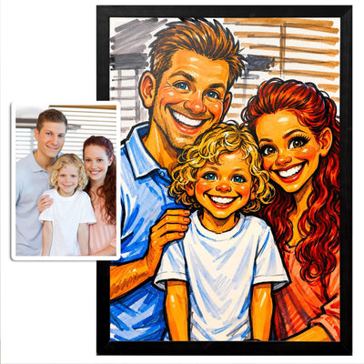Caricature drôle en couleur d'après votre photo, sourires et traits exagérés façon caricaturiste de rue, présentée en cadre noir à côté de la photo d'origine, livrée chez vous (exemple)