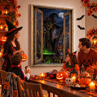Idée d'usage : un goûter d'Halloween devant la sorcière au chaudron, ses fioles et son bâton, sur toile ou plexiglas en 60 x 40 cm, 80 x 60 cm ou 120 x 80 cm, fenêtre au choix, livré (exemple)