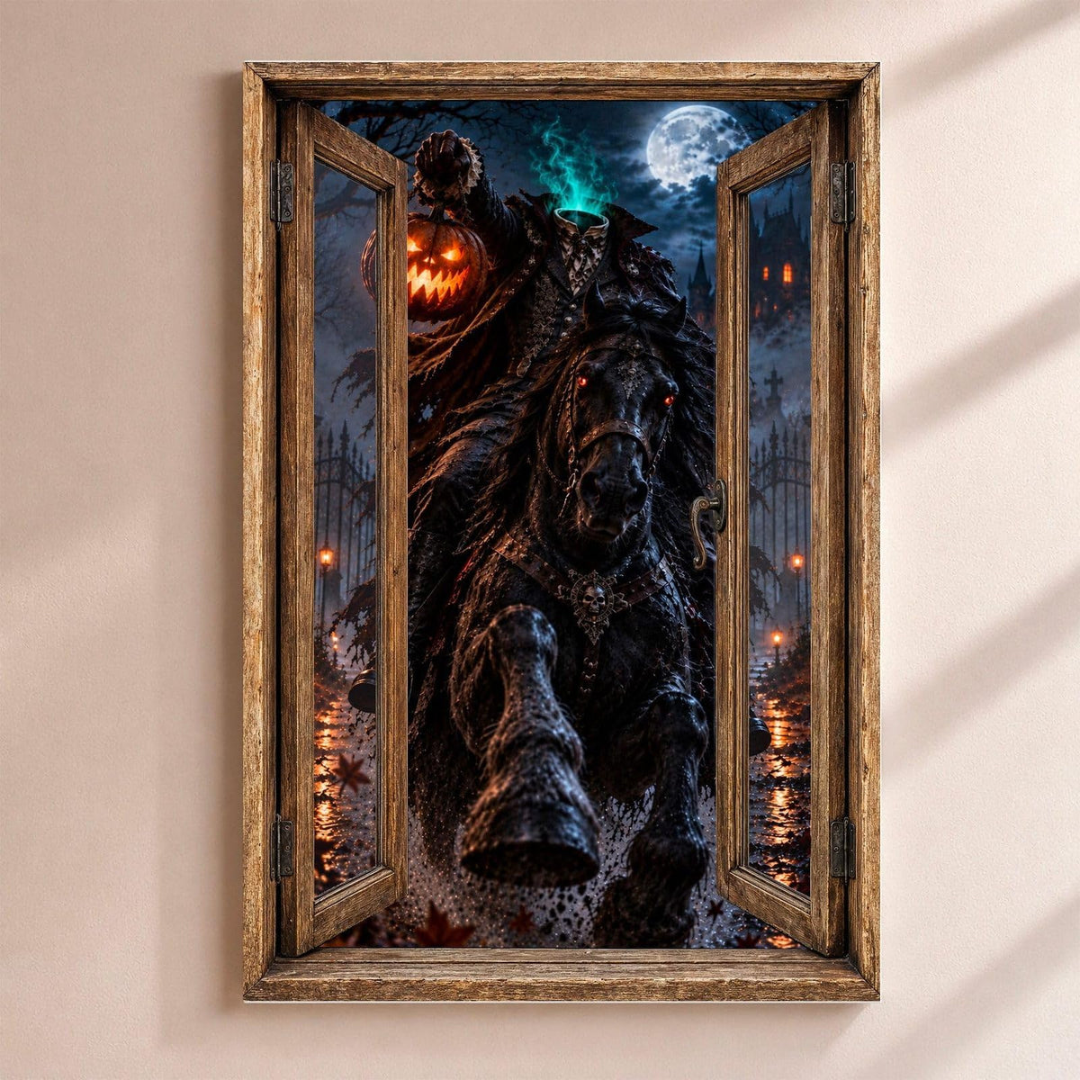 Déco Halloween en trompe-l'œil : le cavalier sans tête au galop, brandissant une citrouille allumée, par une fenêtre en bois rustique, sur toile canvas ou plexiglas, livrée (exemple)
