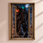 Déco Halloween en trompe-l'œil : le cavalier sans tête au galop, brandissant une citrouille allumée, par une fenêtre en bois rustique, sur toile canvas ou plexiglas, livrée (exemple)