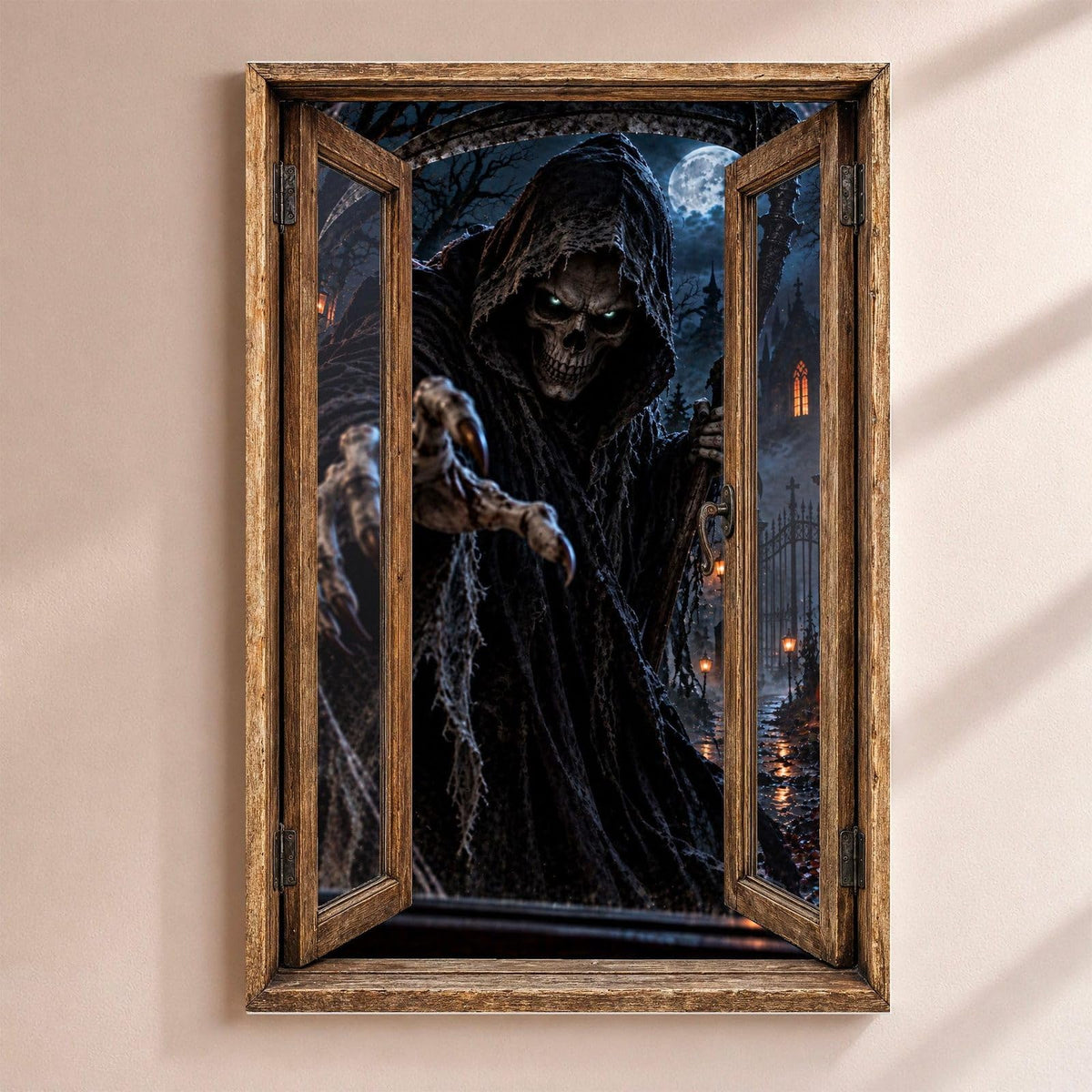 Déco Halloween en trompe-l'œil : la Faucheuse encapuchonnée qui tend sa main squelettique, par une fenêtre en bois rustique, sur toile canvas tendue ou plexiglas, livrée chez vous (exemple)