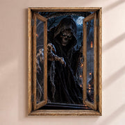 Déco Halloween en trompe-l'œil : la Faucheuse encapuchonnée qui tend sa main squelettique, par une fenêtre en bois rustique, sur toile canvas tendue ou plexiglas, livrée chez vous (exemple)