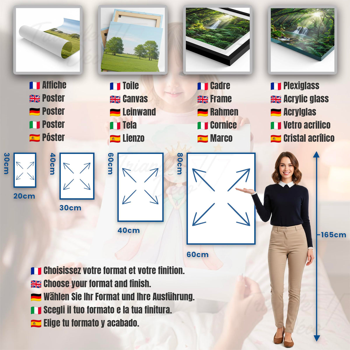 Quatre finitions : affiche (poster), toile canvas, cadre ou plexiglas ; formats 30 x 20 cm, 40 x 30 cm, 60 x 40 cm et 80 x 60 cm, comparés à une personne pour juger de la taille