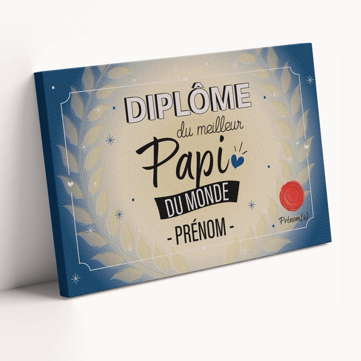 Diplôme humoristique « du meilleur papi du monde » à son prénom, façon parchemin bleu nuit avec sceau rouge, sur toile canvas ; prénom et signature au choix, livré chez vous (exemple)
