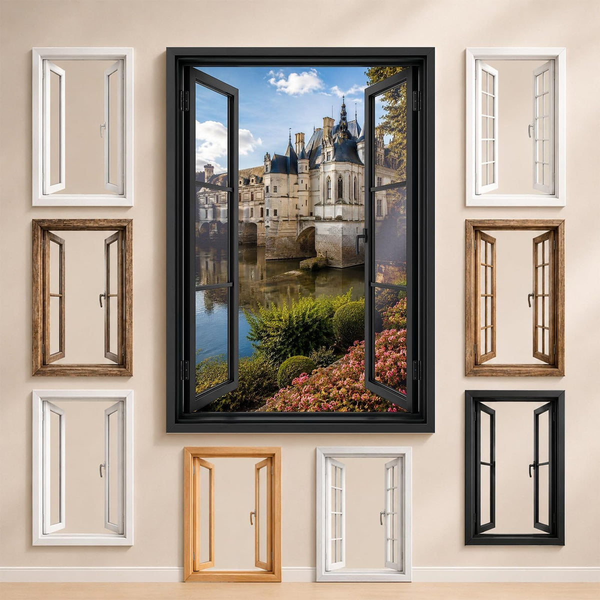 La vue sur les châteaux de la Loire et les styles de fenêtre proposés pour l'encadrer : bois, PVC blanc, alu noir ou sans fenêtre, imprimée sur toile ou plexiglas puis livrée (exemple)