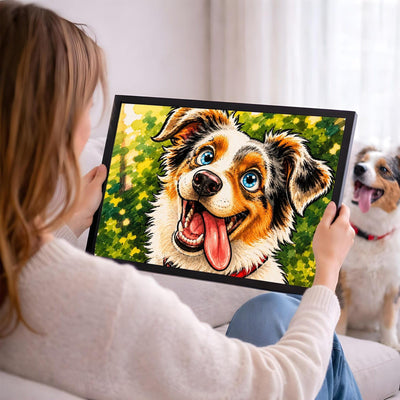 Votre photo devient un portrait caricature couleur en format paysage, ici en cadre noir tenu en main ; cadre noir, blanc, bois clair ou bois foncé au choix, livré chez vous (exemple)