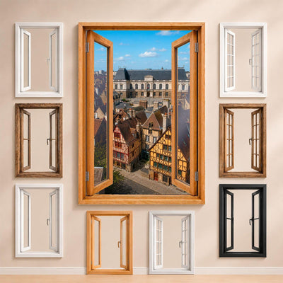 La vue sur Rennes et les styles de fenêtre proposés pour l'encadrer : bois, PVC blanc, alu noir ou sans fenêtre, imprimée sur toile ou plexiglas puis livrée (exemple)