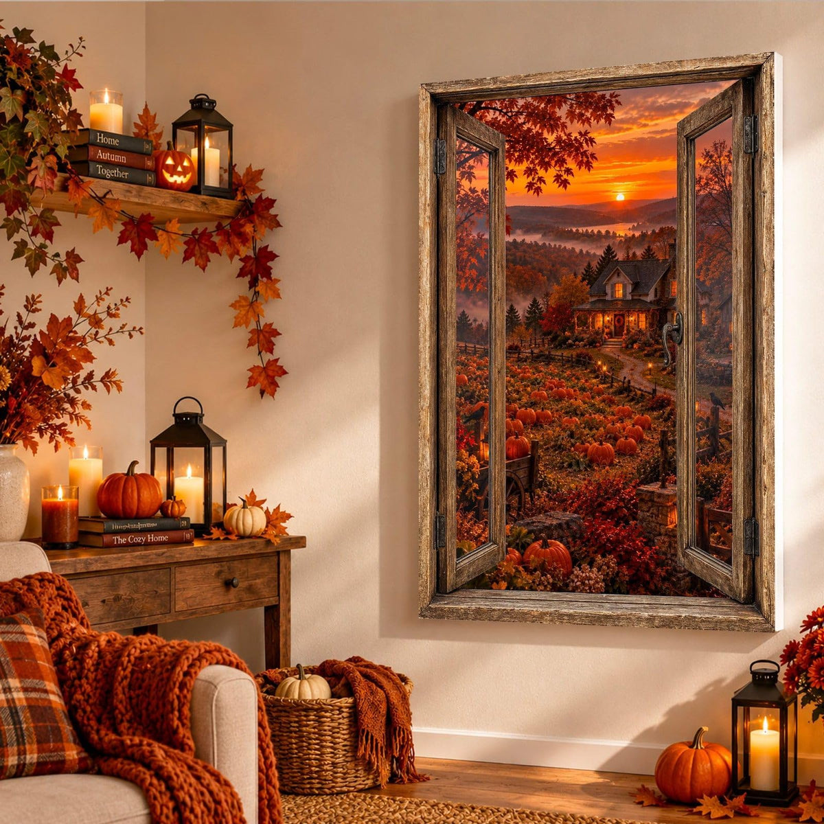 Dans un salon décoré pour Halloween, la vue sur la ferme éclairée et ses citrouilles ouvre le mur en trompe-l'œil, sur toile tendue, toile premium sur châssis de 4 cm ou plexiglas, livrée (exemple)