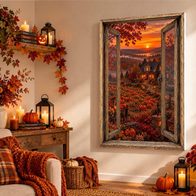 Dans un salon décoré pour Halloween, la vue sur la ferme éclairée et ses citrouilles ouvre le mur en trompe-l'œil, sur toile tendue, toile premium sur châssis de 4 cm ou plexiglas, livrée (exemple)