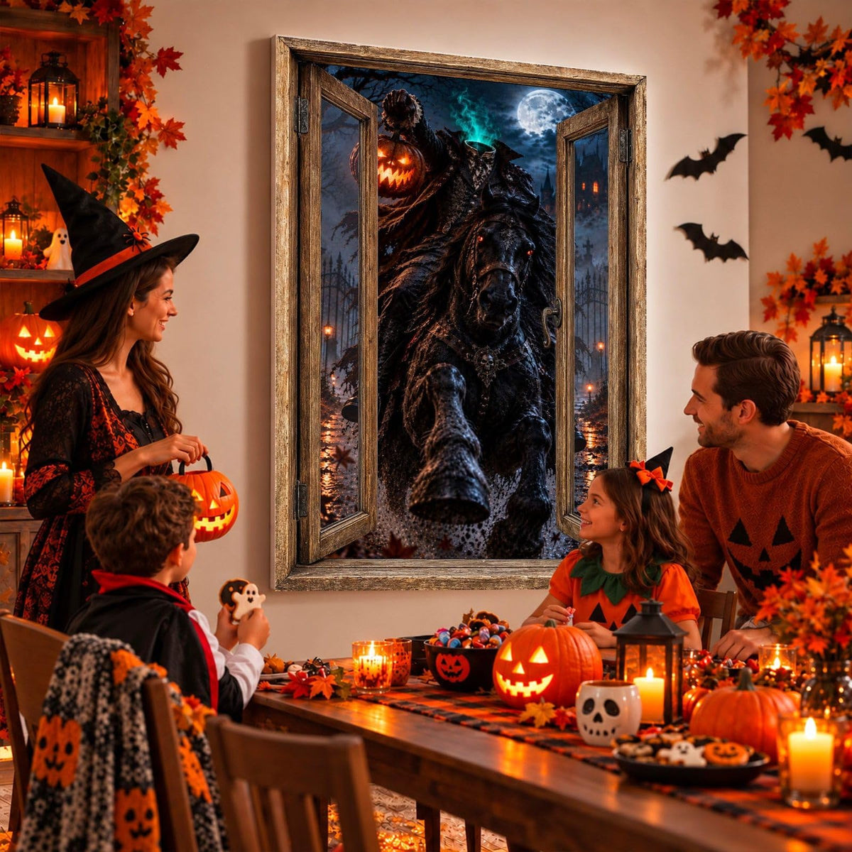 Idée d'usage : un goûter d'Halloween face au galop du cavalier sans tête et de sa citrouille, sur toile ou plexiglas en 60 x 40 cm, 80 x 60 cm ou 120 x 80 cm, fenêtre au choix, livré (exemple)