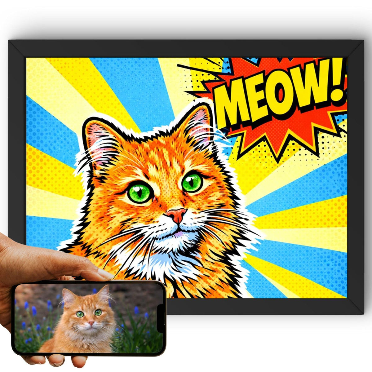 Création personnalisée : la photo de votre chat devient un portrait pop art en format paysage, rayons jaunes et bleus, trame de points, imprimé en cadre noir et livré chez vous (exemple)