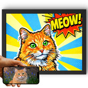 Création personnalisée : la photo de votre chat devient un portrait pop art en format paysage, rayons jaunes et bleus, trame de points, imprimé en cadre noir et livré chez vous (exemple)