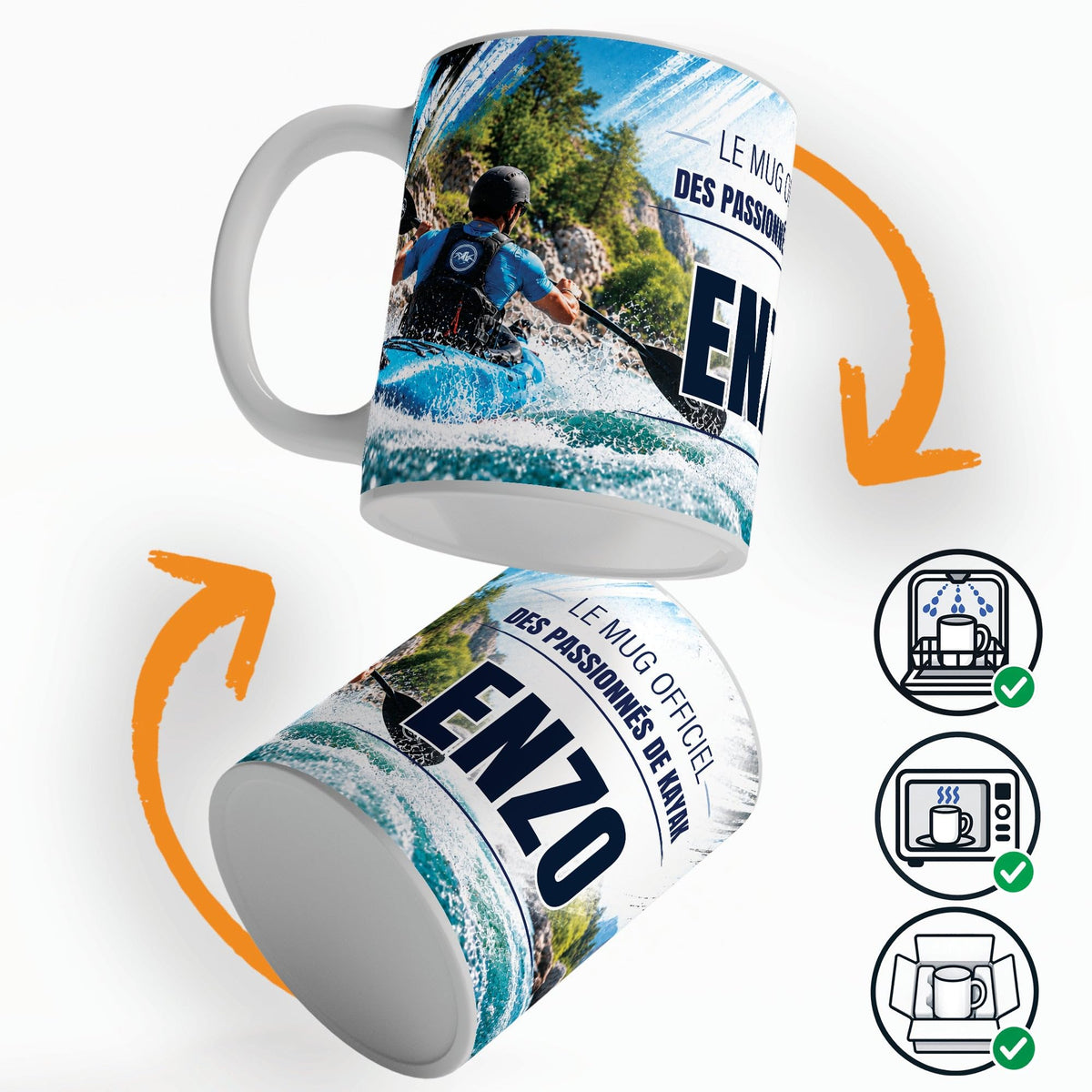 Mug kayak personnalisé qui tourne sur lui-même, avec trois pictogrammes : lave-vaisselle, micro-ondes et mug calé dans son emballage pour la livraison chez vous (exemple)