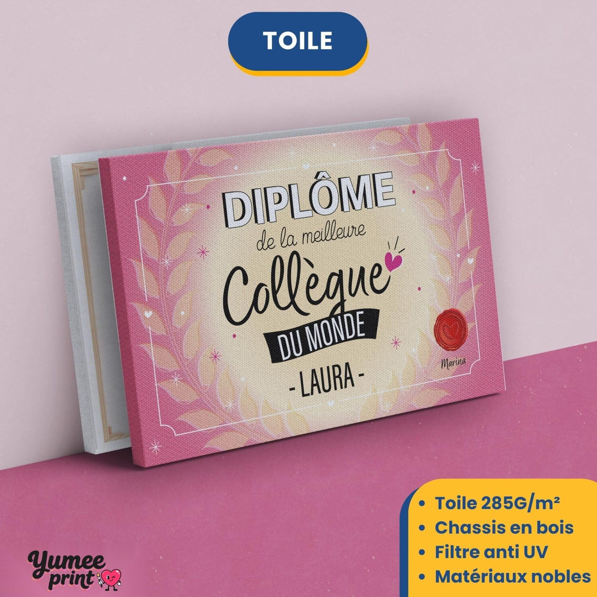Diplôme « de la meilleure collègue du monde » sur toile canvas tendue sur châssis en bois, avec son prénom et votre signature, imprimé puis livré chez vous (exemple)