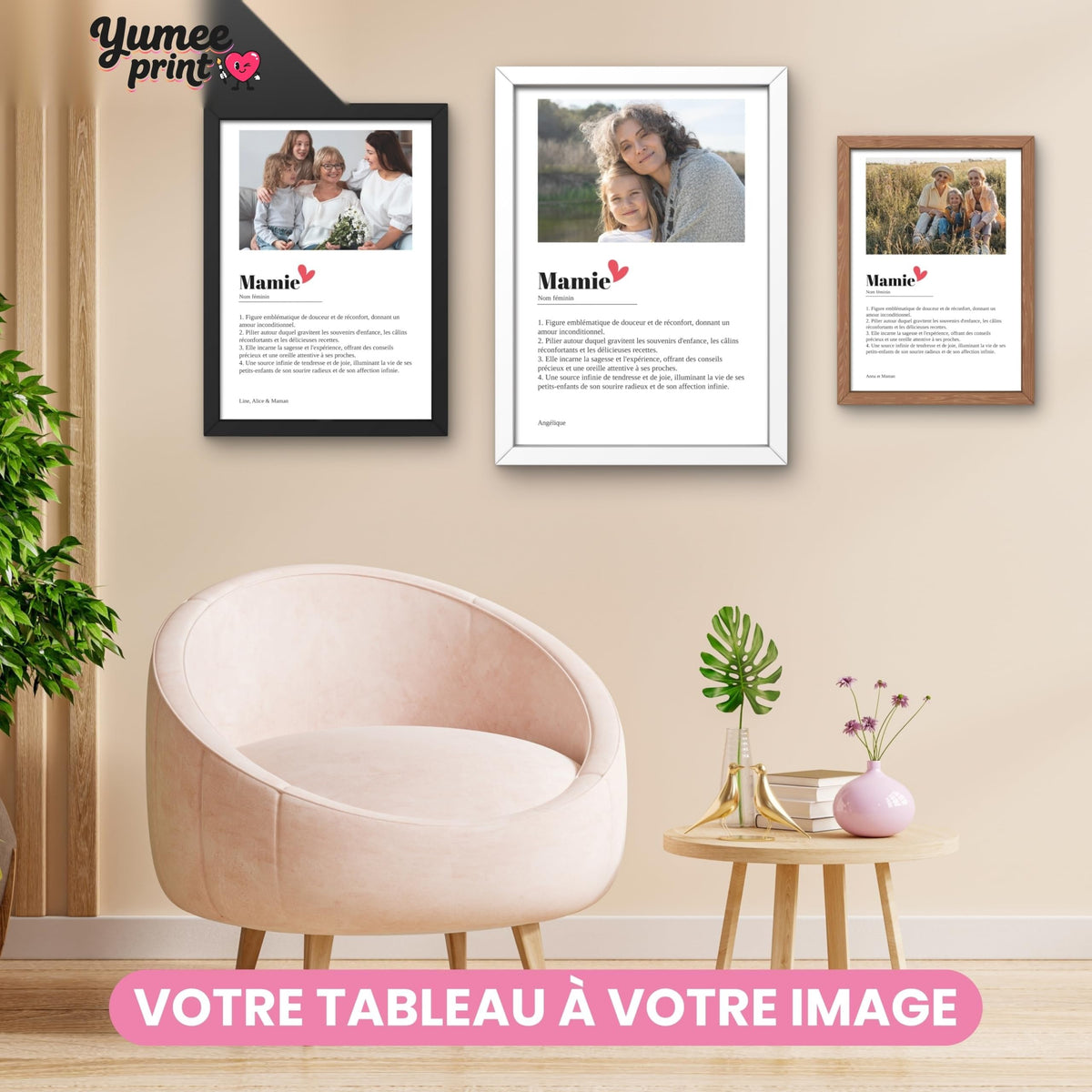 Trois affiches Mamie façon définition en cadre noir, blanc et bois : chaque photo accompagne vos quatre définitions et votre signature, imprimées puis livrées chez vous (exemple)