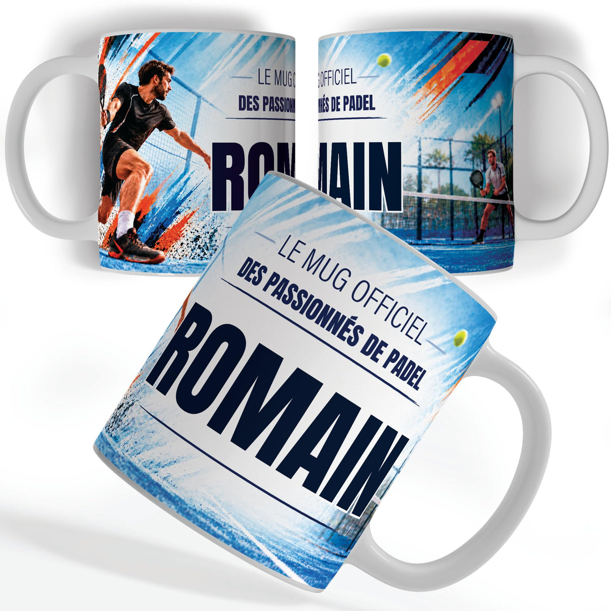 Mug padel vu de face et de dos : joueur de padel en pleine frappe, « Le mug officiel des passionnés de padel » et votre prénom, imprimés sur céramique blanche et livrés chez vous (exemple)