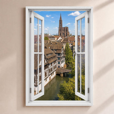 Trompe-l'œil sur Strasbourg : la cathédrale et les maisons à colombages de la Petite France, par une fenêtre blanche ouverte, sur toile canvas tendue ou plexiglas, livré chez vous (exemple)
