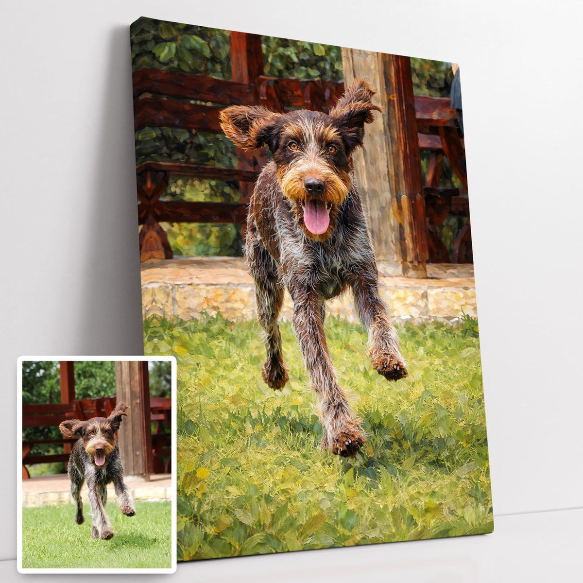 Portrait façon peinture à l'huile de votre chien sur toile canvas tendue sur châssis, touches de pinceau épaisses, présenté à côté de la photo d'origine, imprimé puis livré chez vous (exemple)