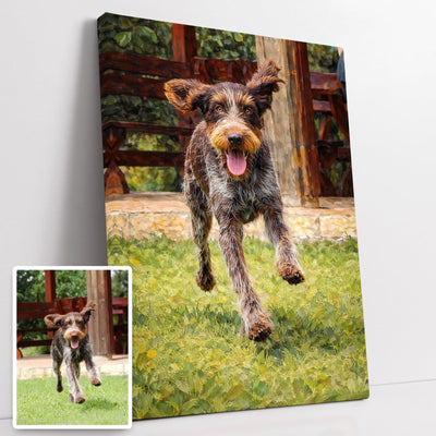 Portrait façon peinture à l'huile de votre chien sur toile canvas tendue sur châssis, touches de pinceau épaisses, présenté à côté de la photo d'origine, imprimé puis livré chez vous (exemple)