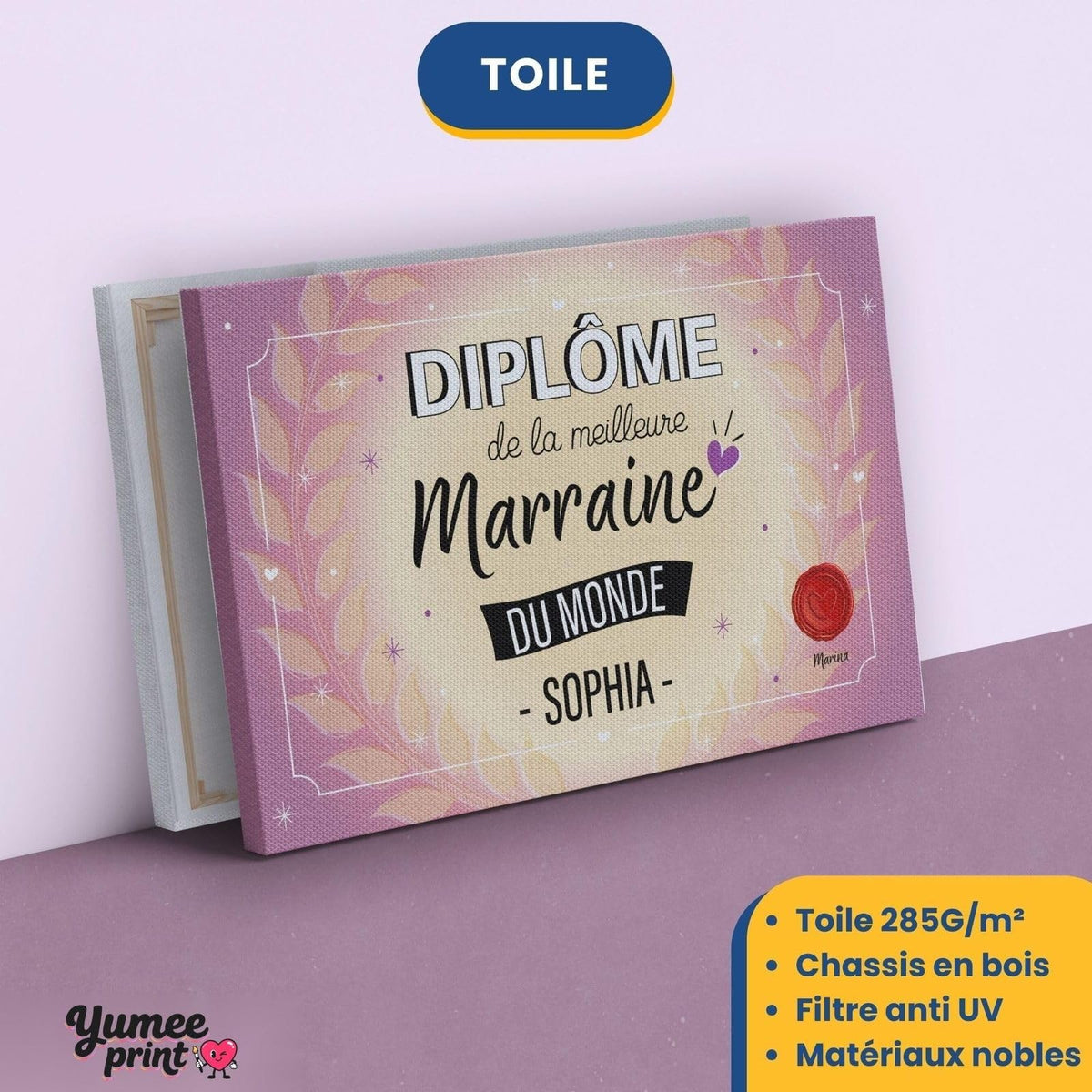 Diplôme « de la meilleure marraine du monde » sur toile canvas tendue sur châssis en bois, avec son prénom et votre signature, imprimé puis livré chez vous (exemple)