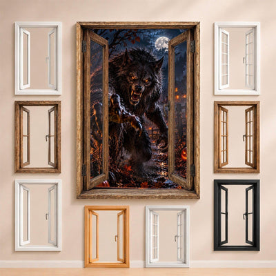 Le loup-garou aux yeux de braise sous la pleine lune, entouré des fenêtres au choix : bois, PVC blanc, à carreaux, alu noir ou sans fenêtre, décor livré sur toile ou plexiglas (exemple)