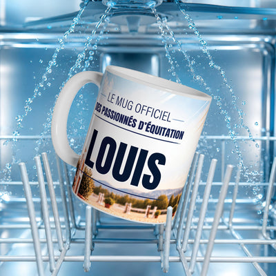 Mug équitation au prénom dans le panier d'un lave-vaisselle : impression compatible lave-vaisselle ; neuf textes au choix, dont vos propres phrases, livré chez vous (exemple)