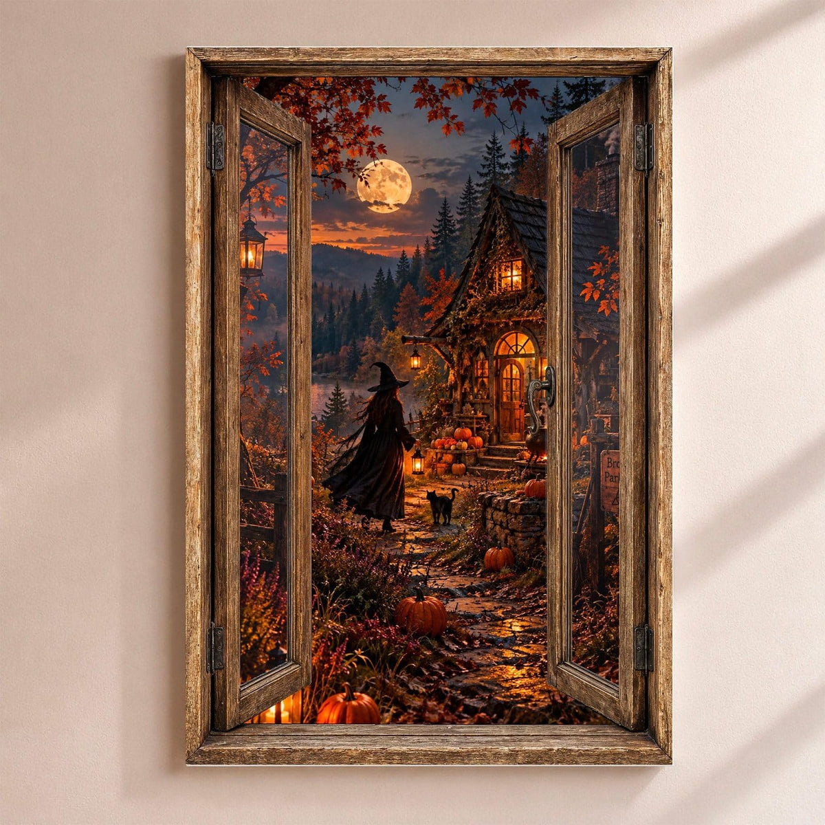 Déco Halloween en trompe-l'œil : une sorcière et son chat noir en chemin vers sa maisonnette éclairée sous la lune, par une fenêtre en bois rustique, sur toile canvas ou plexiglas, livrée (exemple)