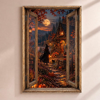 Déco Halloween en trompe-l'œil : une sorcière et son chat noir en chemin vers sa maisonnette éclairée sous la lune, par une fenêtre en bois rustique, sur toile canvas ou plexiglas, livrée (exemple)