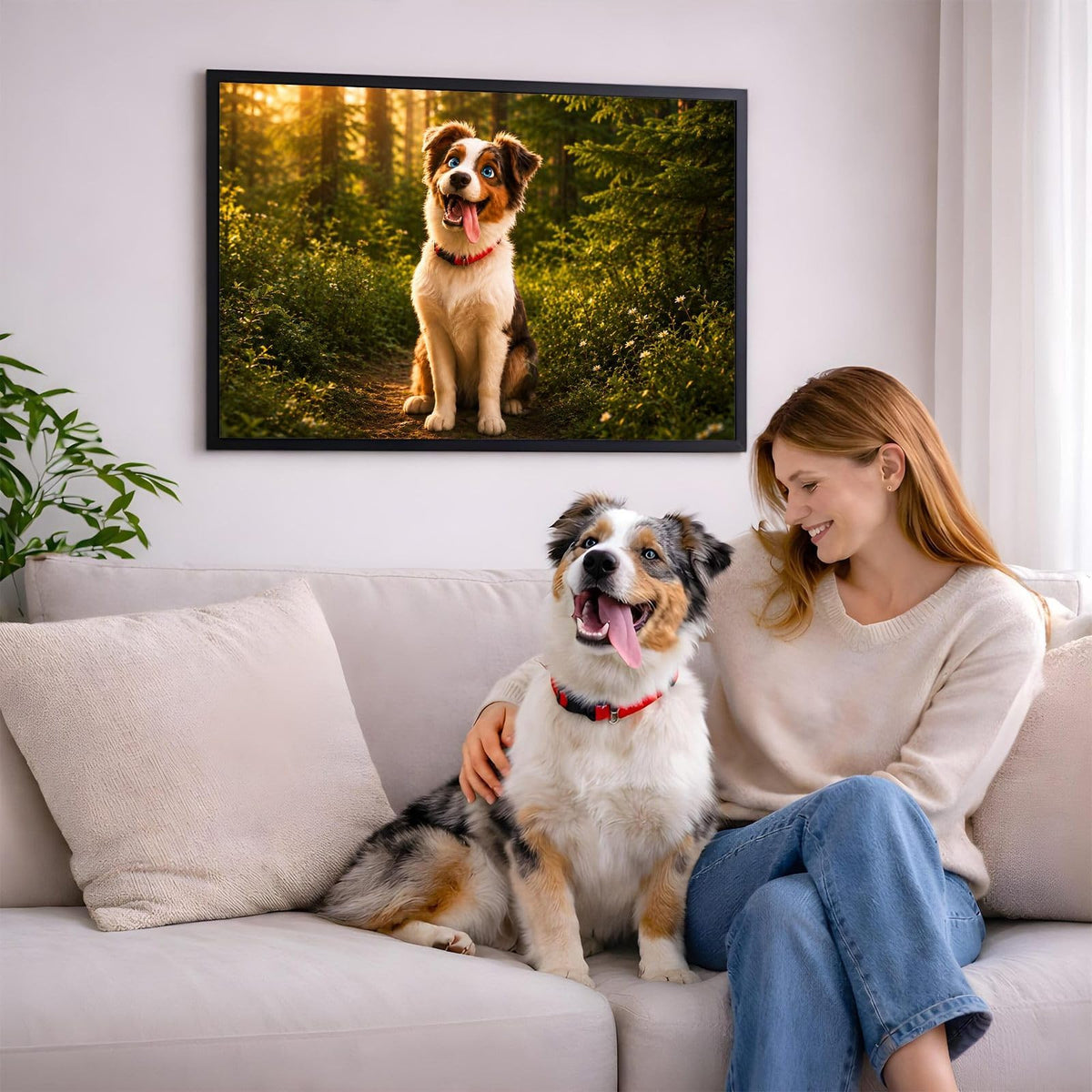 Portrait animation 3D en format paysage de votre chien d'après sa photo, accroché au salon en cadre noir ; aussi en affiche (poster), toile canvas ou plexiglas, livré chez vous (exemple)