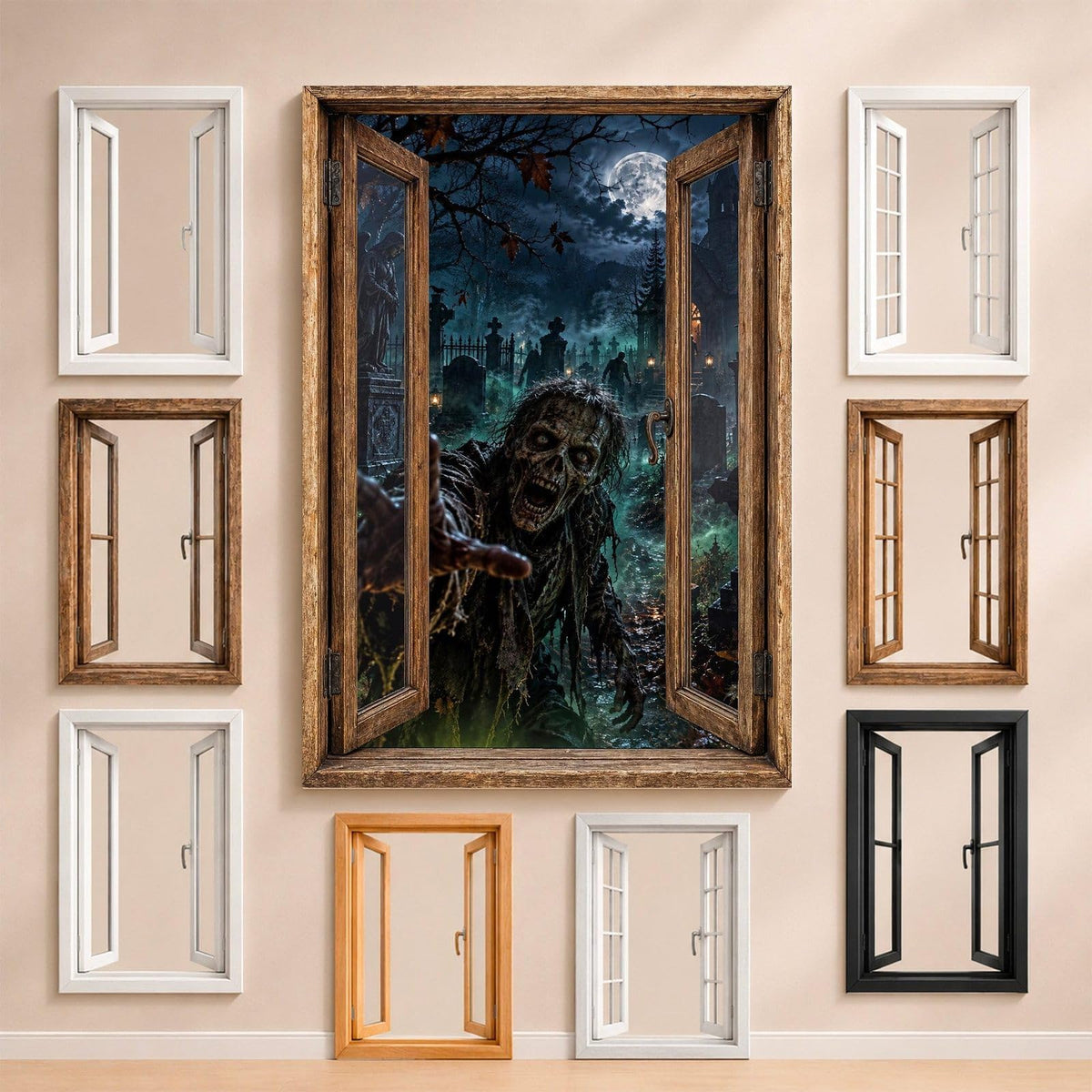 Le zombie de nuit entre les tombes, dans la brume verte, entouré des fenêtres au choix : bois, PVC blanc, à carreaux, alu noir ou sans fenêtre, décor livré sur toile ou plexiglas (exemple)