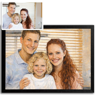 Portrait à la peinture à l'huile d'après votre photo, coups de pinceau épais et tons pastel, présenté en cadre noir paysage à côté de la photo d'origine, livré chez vous (exemple)