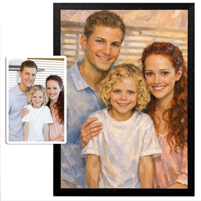 Portrait à la peinture à l'huile d'après votre photo, coups de pinceau épais et tons chauds, présenté en cadre noir à côté de la photo d'origine, puis livré chez vous (exemple)