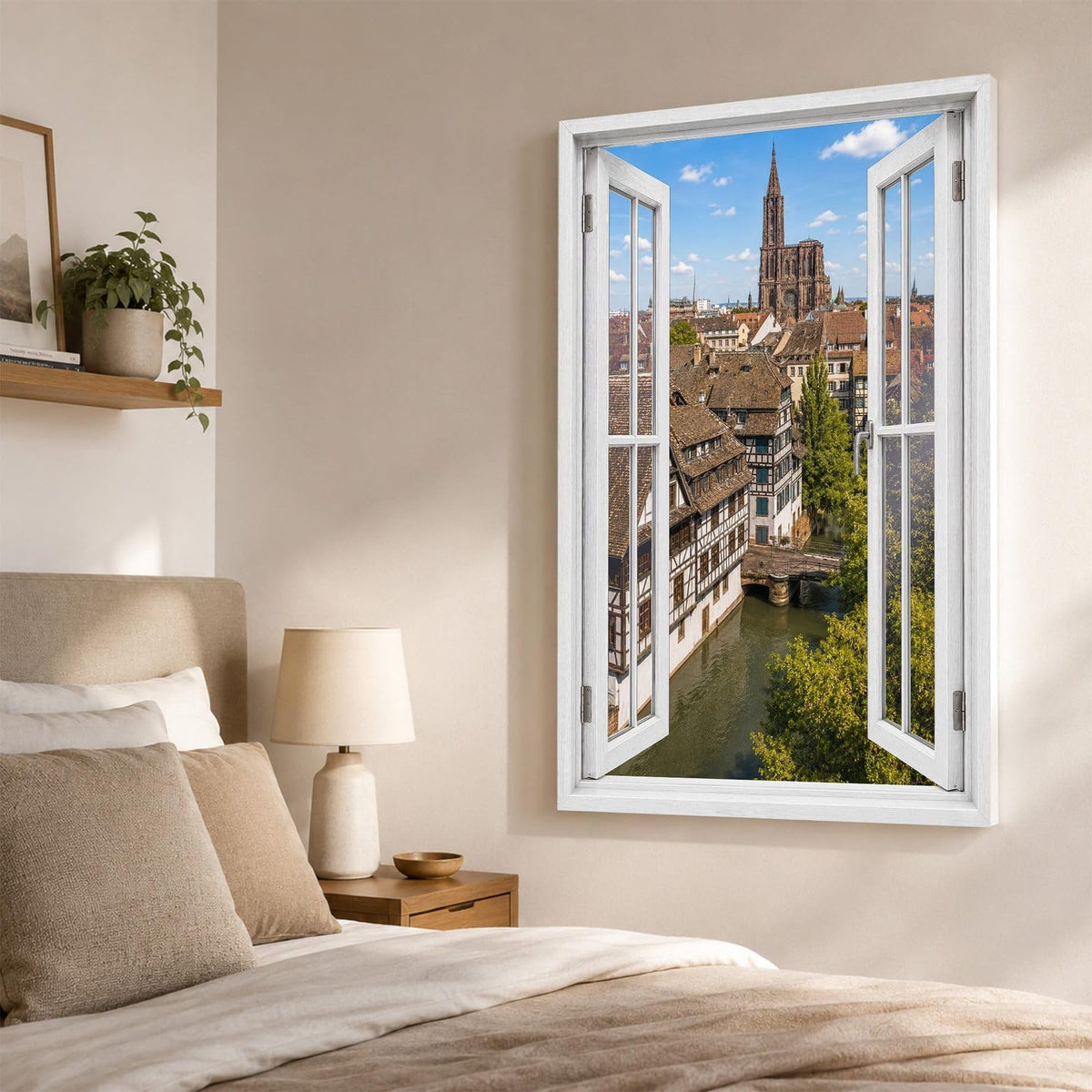 Trompe-l'œil sur Strasbourg dans une chambre, cathédrale et Petite France en perspective, sur toile canvas ou plexiglas en 60 x 40 cm, 80 x 60 cm ou 120 x 80 cm, livré chez vous (exemple)