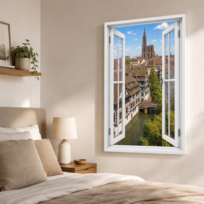 Trompe-l'œil sur Strasbourg dans une chambre, cathédrale et Petite France en perspective, sur toile canvas ou plexiglas en 60 x 40 cm, 80 x 60 cm ou 120 x 80 cm, livré chez vous (exemple)