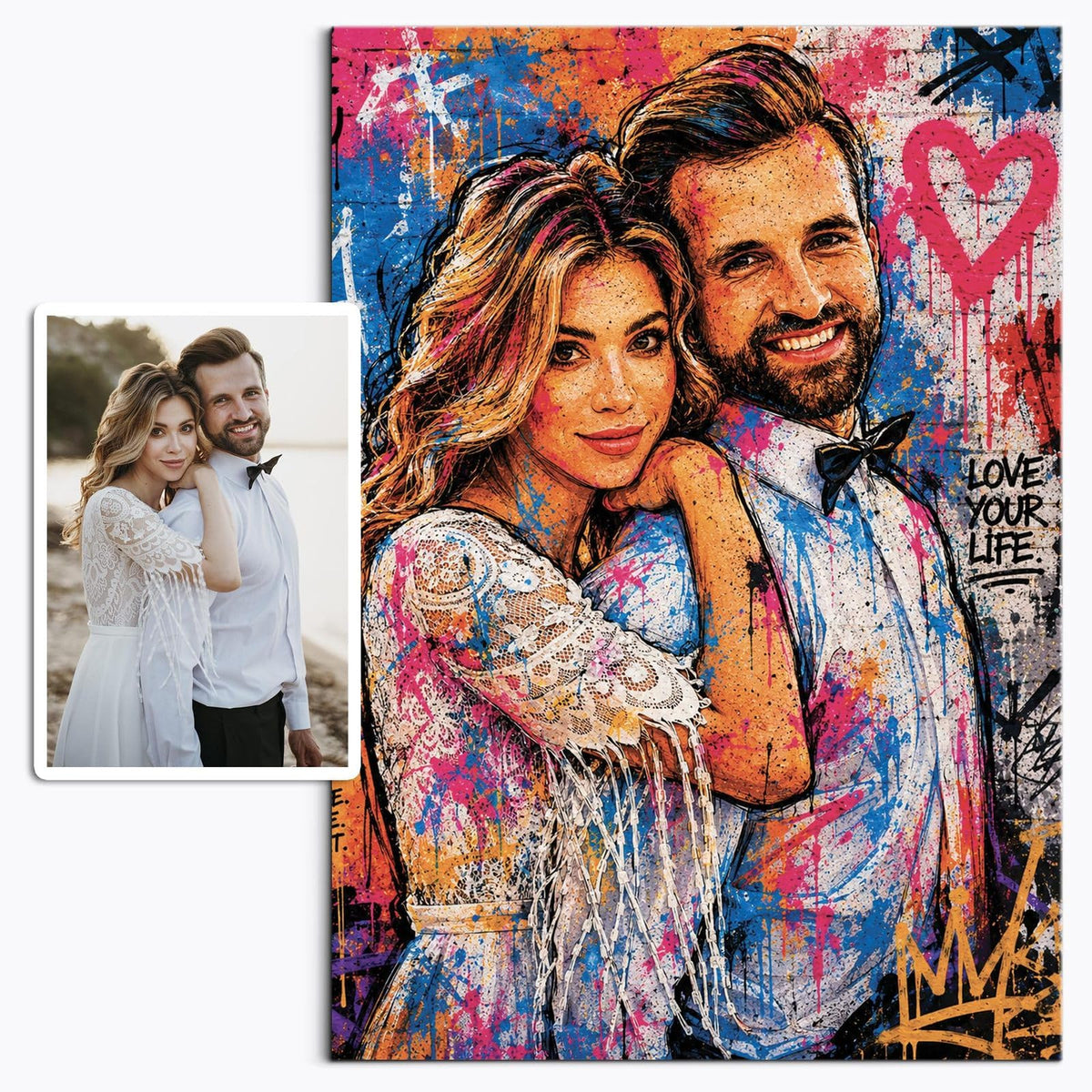 Votre photo transformée en portrait street art graffiti d'artiste, coulures et éclaboussures façon bombe de peinture, imprimé en affiche (poster) et livré chez vous ; photo d'origine à côté (exemple)