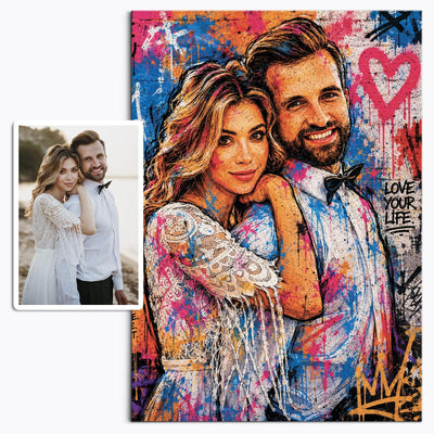 Votre photo transformée en portrait street art graffiti d'artiste, coulures et éclaboussures façon bombe de peinture, imprimé en affiche (poster) et livré chez vous ; photo d'origine à côté (exemple)