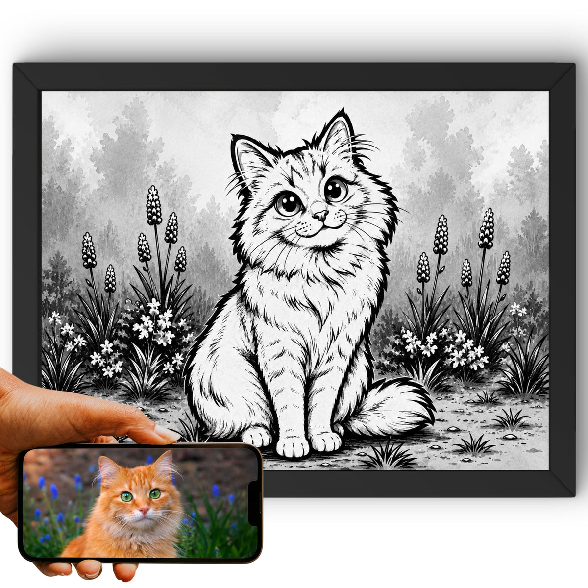 Portrait chat paysage, styles BD — Caricature Noir et Blanc