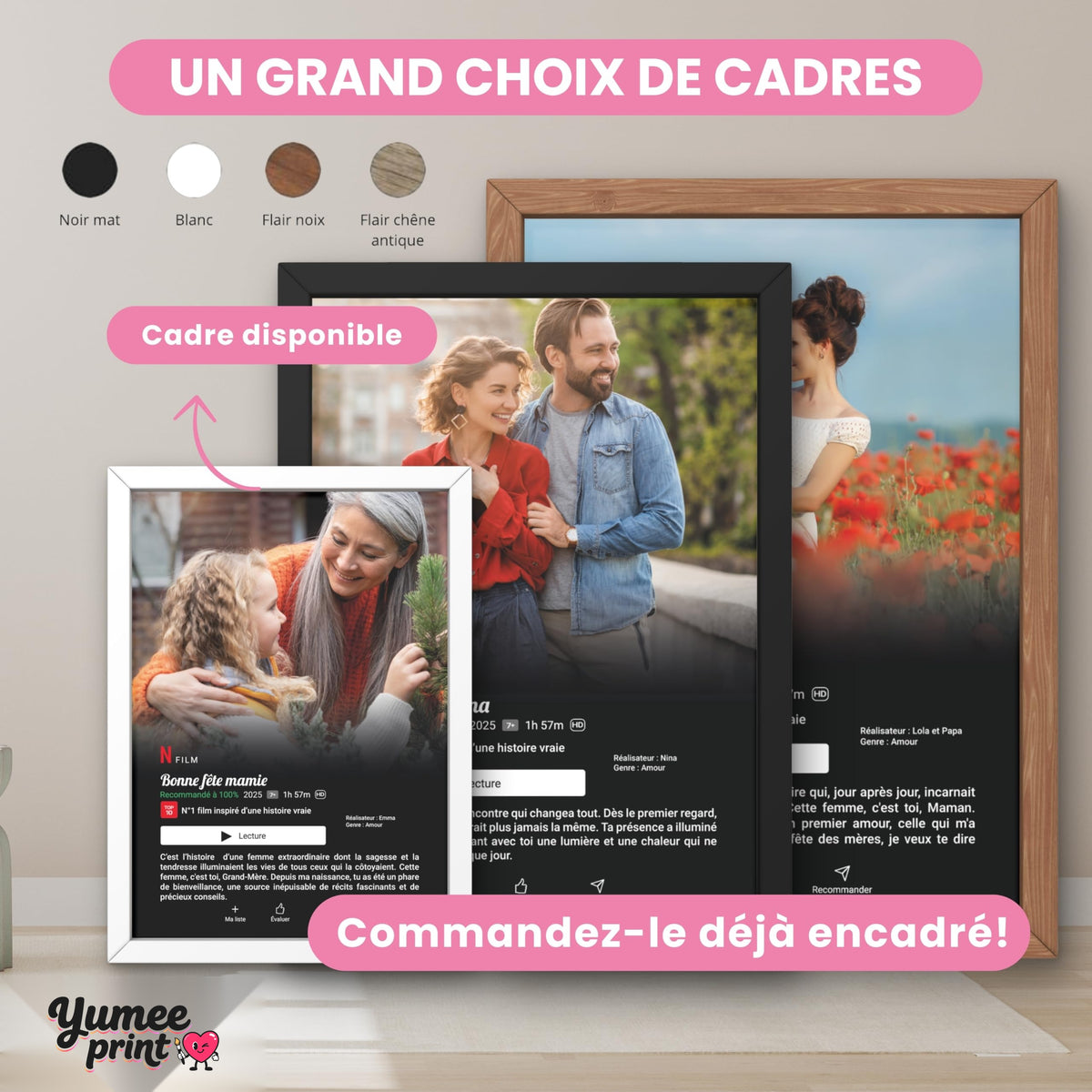 Affiches façon écran de streaming en portrait, en cadre blanc, noir et bois ; le cadre existe en noir, blanc, bois clair ou bois foncé, livré chez vous (exemple)